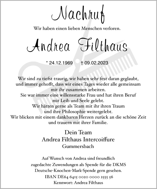 Anzeige von Andrea Filthaus von Kölner Stadt-Anzeiger / Kölnische Rundschau / Express