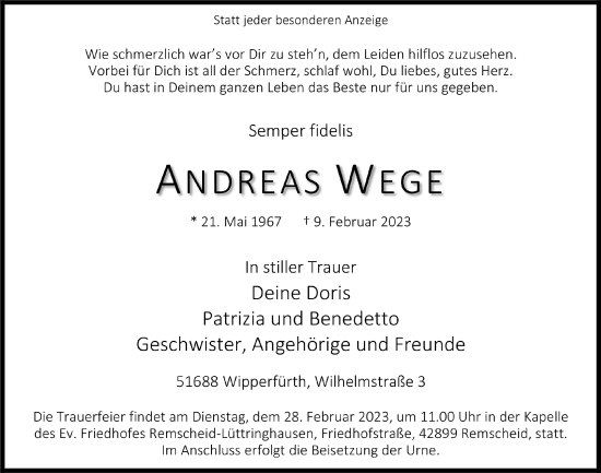 Anzeige von Andreas Wege von  Anzeigen Echo 