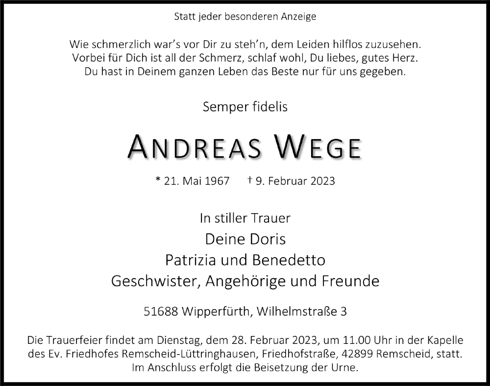 Traueranzeige für Andreas Wege vom 17.02.2023 aus  Anzeigen Echo 