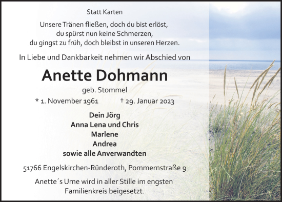 Anzeige von Anette Dohmann von  Anzeigen Echo 
