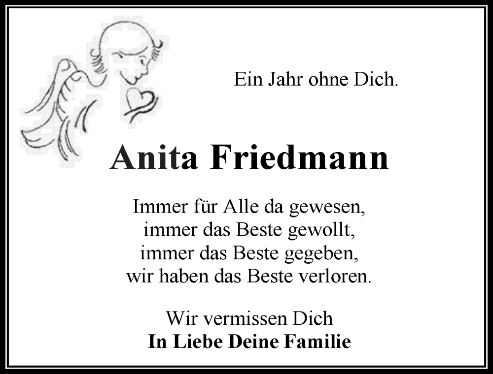  Traueranzeige für Anita Friedmann vom 17.02.2023 aus  Wochenende 