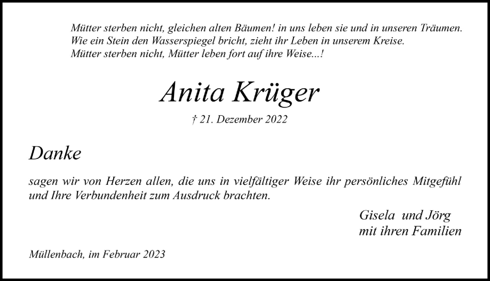  Traueranzeige für Anita Krüger vom 10.02.2023 aus  Anzeigen Echo 