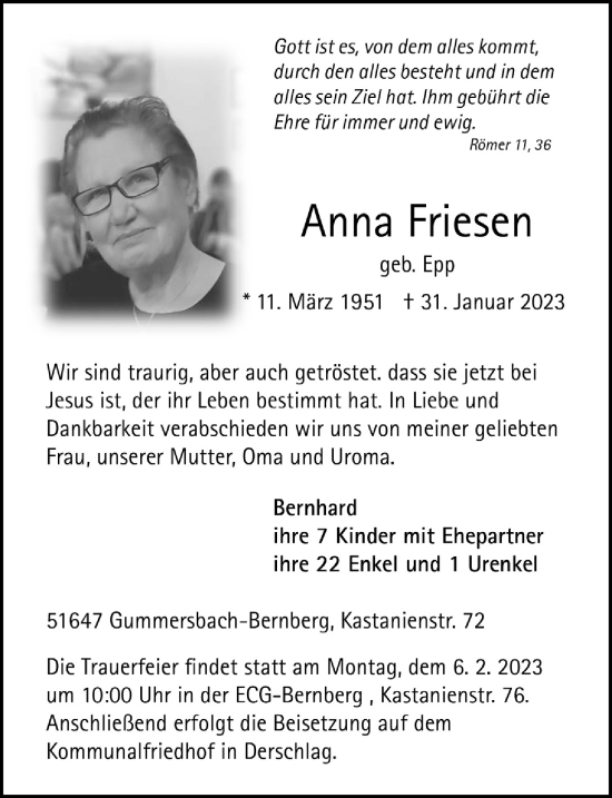 Anzeige von Anna Friesen von  Anzeigen Echo 