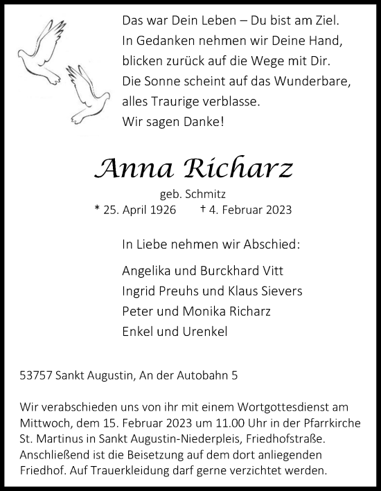 Anzeige von Anna Richarz von Kölner Stadt-Anzeiger / Kölnische Rundschau / Express