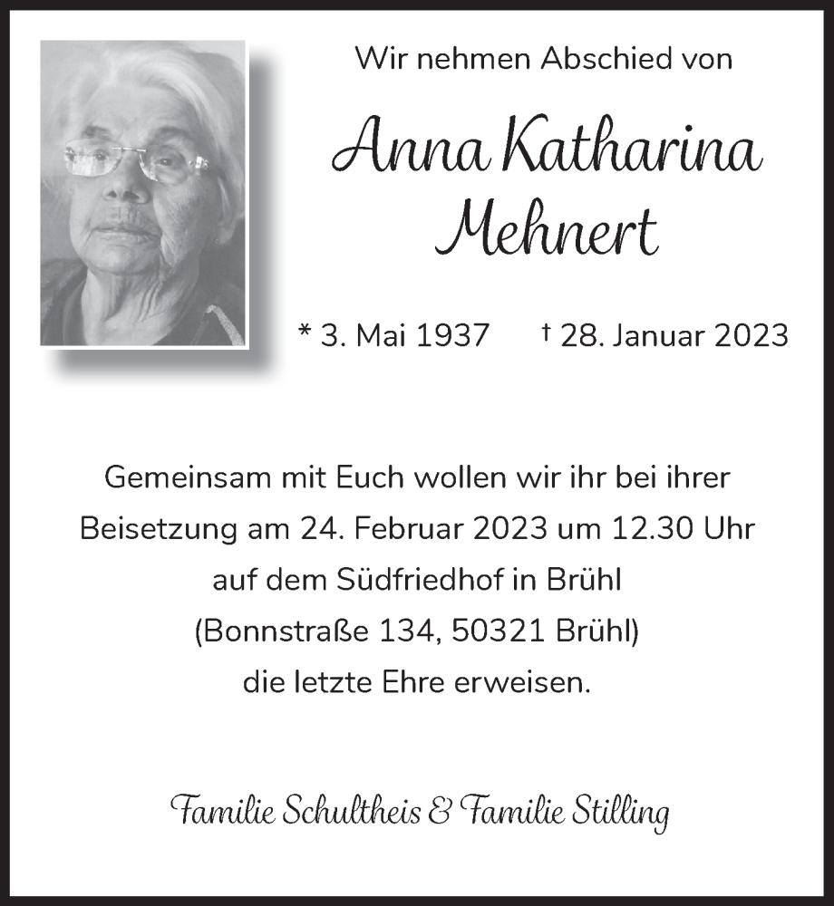  Traueranzeige für Anna Katharina Mehnert vom 17.02.2023 aus  Schlossbote/Werbekurier 