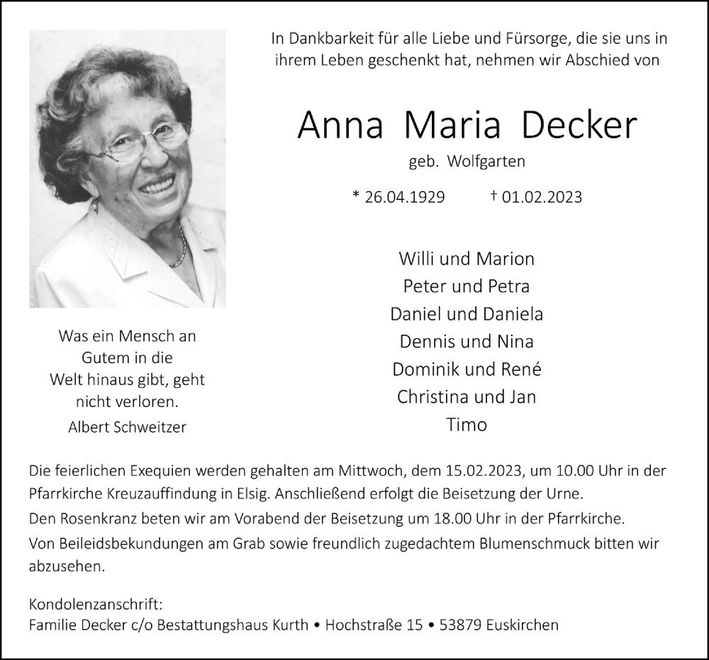  Traueranzeige für Anna Maria Decker vom 11.02.2023 aus  Blickpunkt Euskirchen 