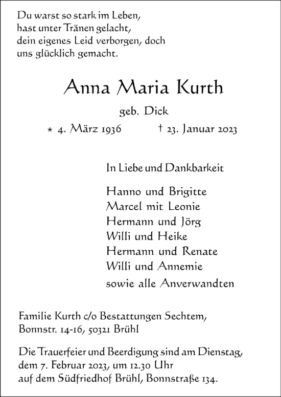 Anzeige von Anna Maria Kurth von  Schlossbote/Werbekurier 