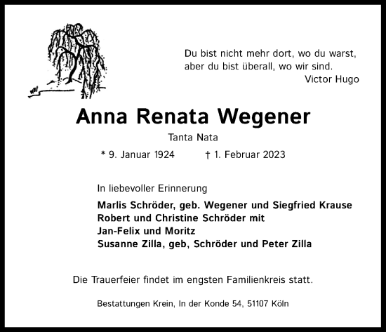 Anzeige von Anna Renata Wegener von Kölner Stadt-Anzeiger / Kölnische Rundschau / Express