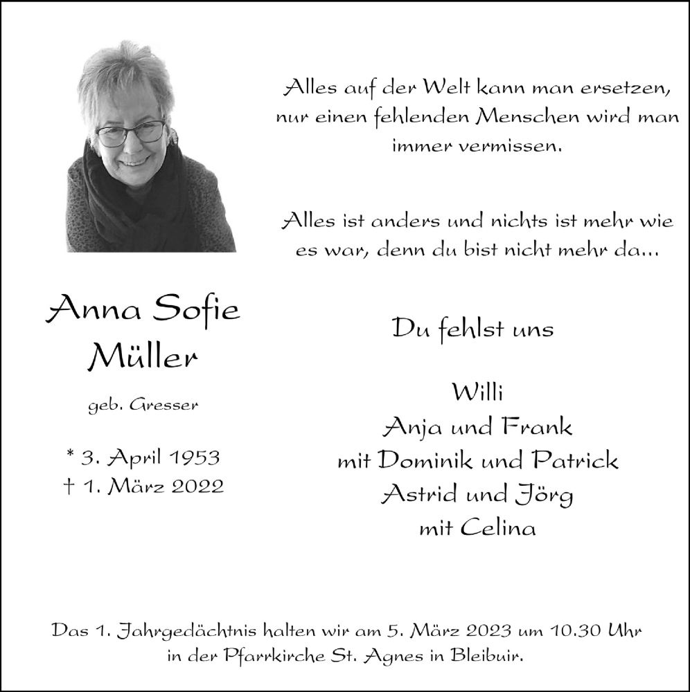  Traueranzeige für Anna Sofie Müller vom 25.02.2023 aus  Blickpunkt Euskirchen 