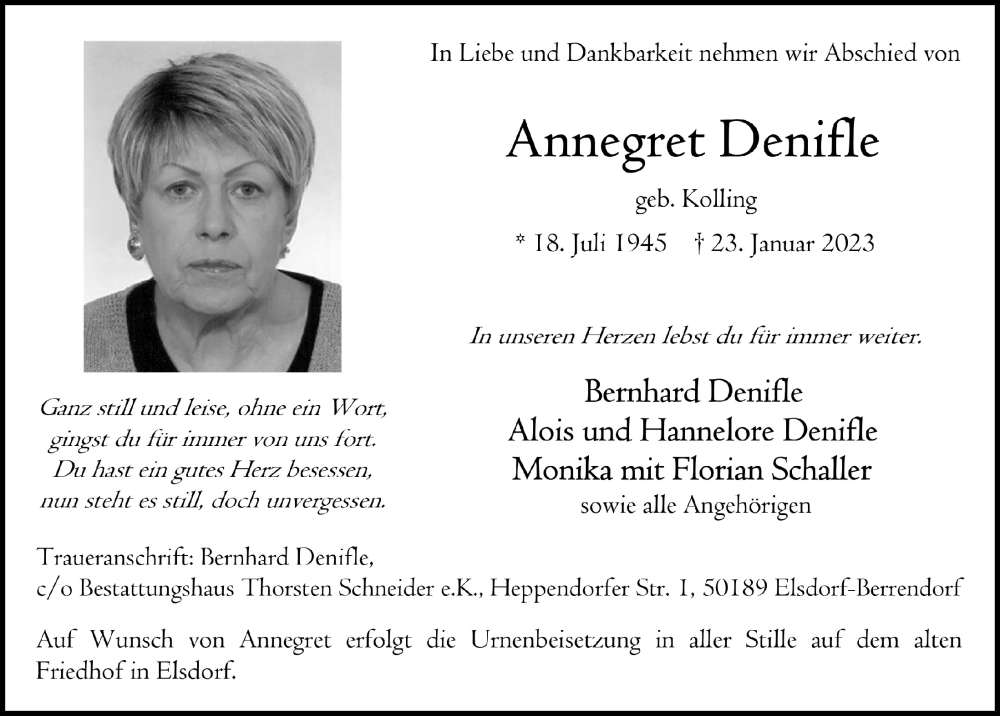  Traueranzeige für Annegret Denifle vom 03.02.2023 aus  Werbepost 