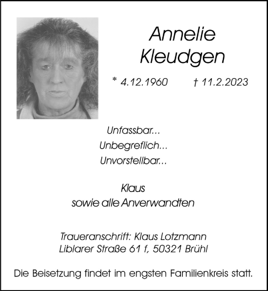 Anzeige von Annelie Kleudgen von  Schlossbote/Werbekurier 