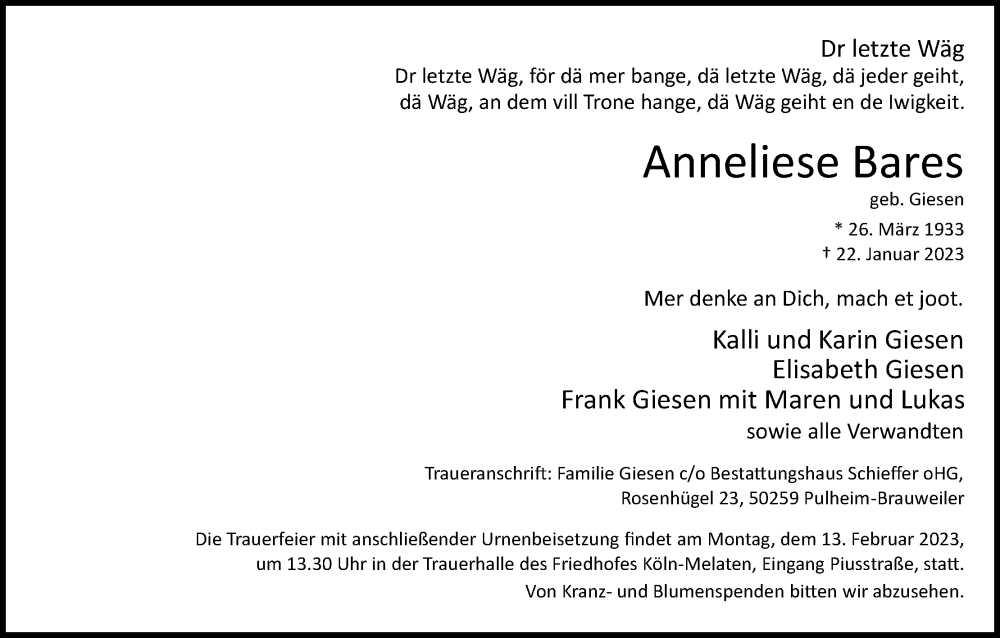  Traueranzeige für Anneliese Bares vom 04.02.2023 aus Kölner Stadt-Anzeiger / Kölnische Rundschau / Express
