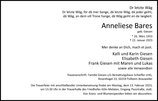 Anzeige von Anneliese Bares von Kölner Stadt-Anzeiger / Kölnische Rundschau / Express
