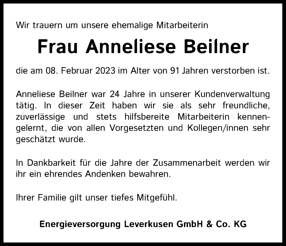  Traueranzeige für Anneliese Beilner vom 18.02.2023 aus Kölner Stadt-Anzeiger / Kölnische Rundschau / Express