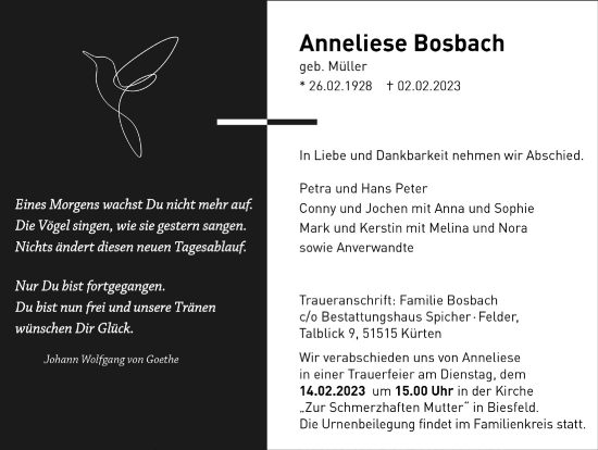Anzeige von Anneliese Bosbach von  Bergisches Handelsblatt 