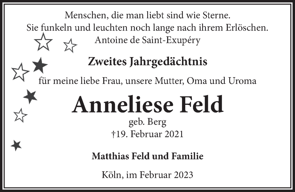  Traueranzeige für Anneliese Feld vom 17.02.2023 aus  EXPRESS - Die Woche 