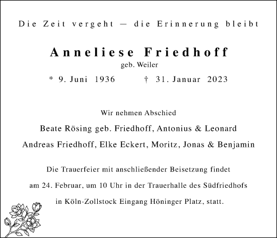 Anzeige von Anneliese Friedhoff von Kölner Stadt-Anzeiger / Kölnische Rundschau / Express