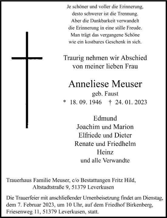 Anzeige von Anneliese Meuser von  Lokale Informationen 