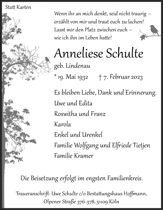Anzeige von Anneliese Schulte von Kölner Stadt-Anzeiger / Kölnische Rundschau / Express