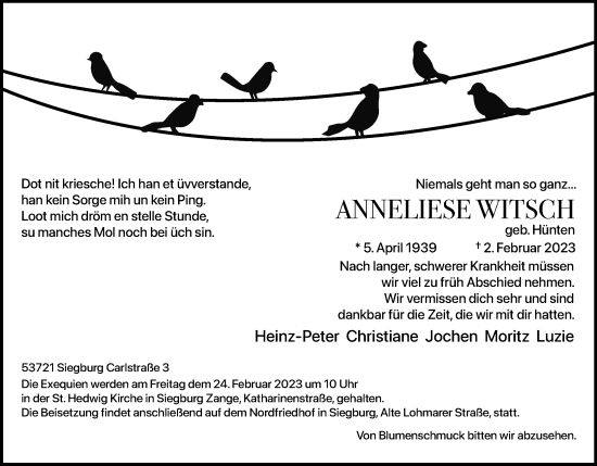 Anzeige von Anneliese Witsch von Kölner Stadt-Anzeiger / Kölnische Rundschau / Express