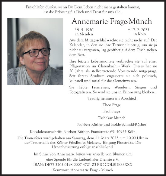Anzeige von Annemarie Frage-Münch von Kölner Stadt-Anzeiger / Kölnische Rundschau / Express