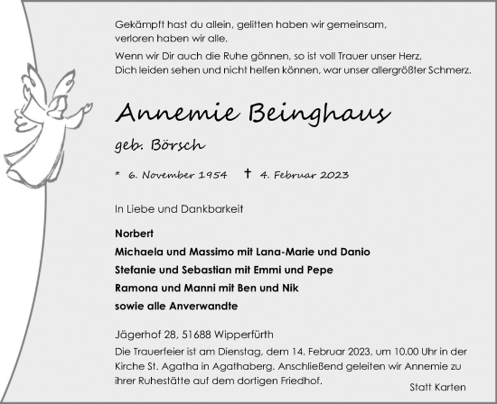Anzeige von Annemie Beinghaus von Kölner Stadt-Anzeiger / Kölnische Rundschau / Express