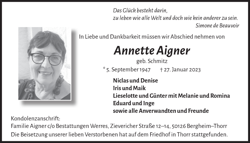  Traueranzeige für Annette Aigner vom 03.02.2023 aus  Werbepost 