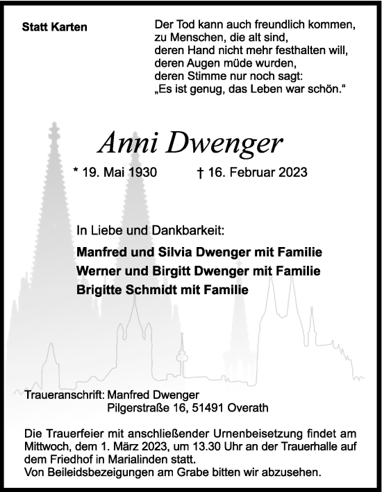 Anzeige von Anni Dwenger von Kölner Stadt-Anzeiger / Kölnische Rundschau / Express