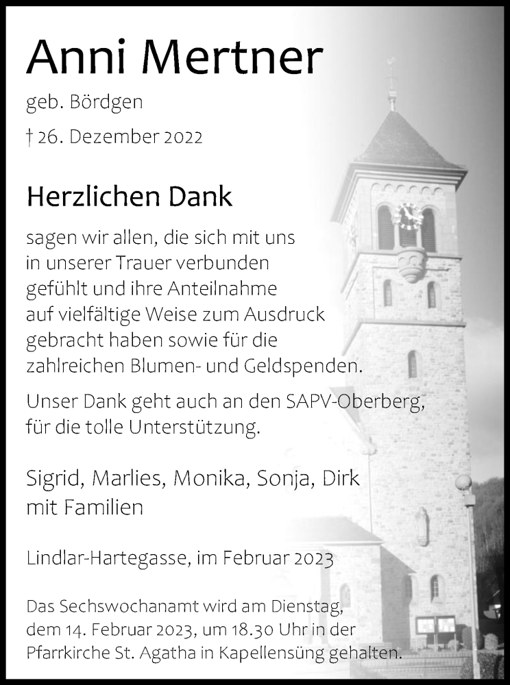  Traueranzeige für Anni Mertner vom 11.02.2023 aus Kölner Stadt-Anzeiger / Kölnische Rundschau / Express
