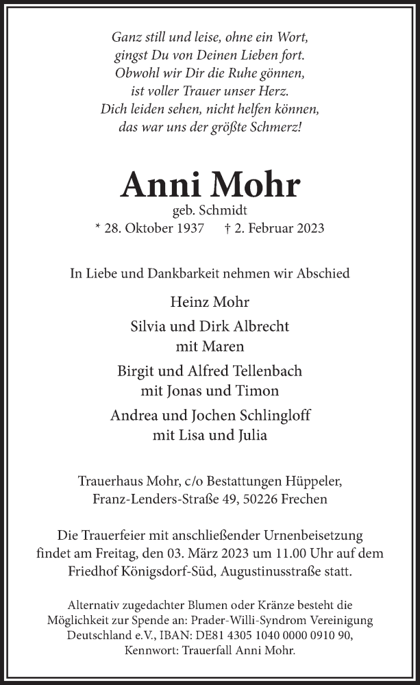  Traueranzeige für Anni Mohr vom 24.02.2023 aus  Wochenende 