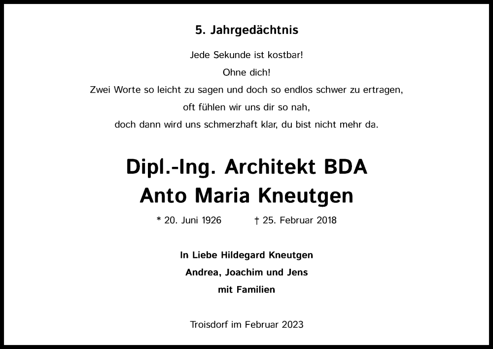  Traueranzeige für Anto Maria Kneutgen vom 25.02.2023 aus Kölner Stadt-Anzeiger / Kölnische Rundschau / Express