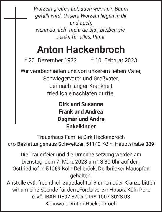 Anzeige von Anton Hackenbroch von  EXPRESS - Die Woche 