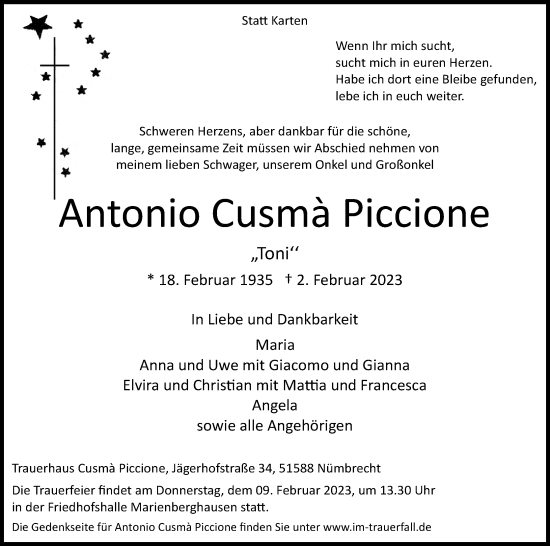 Anzeige von Antonio Cusmà Piccione von Kölner Stadt-Anzeiger / Kölnische Rundschau / Express