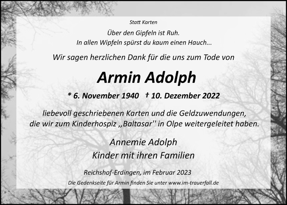  Traueranzeige für Armin Adolph vom 17.02.2023 aus  Anzeigen Echo  Lokalanzeiger 
