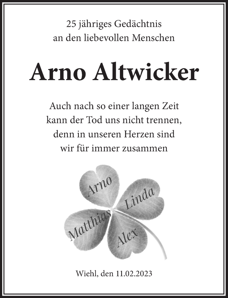  Traueranzeige für Arno Altwicker vom 10.02.2023 aus  Anzeigen Echo  Lokalanzeiger 