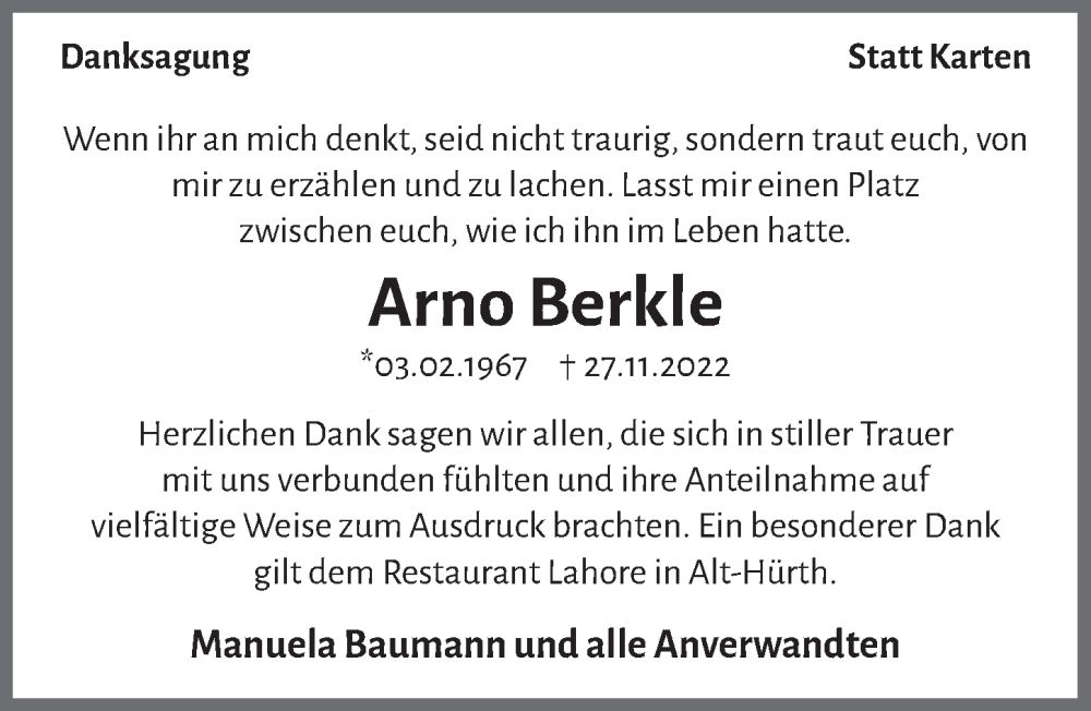  Traueranzeige für Arno Berkle vom 03.02.2023 aus  Wochenende 
