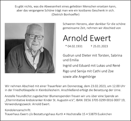 Anzeige von Arnold Ewert von  Blickpunkt Euskirchen 