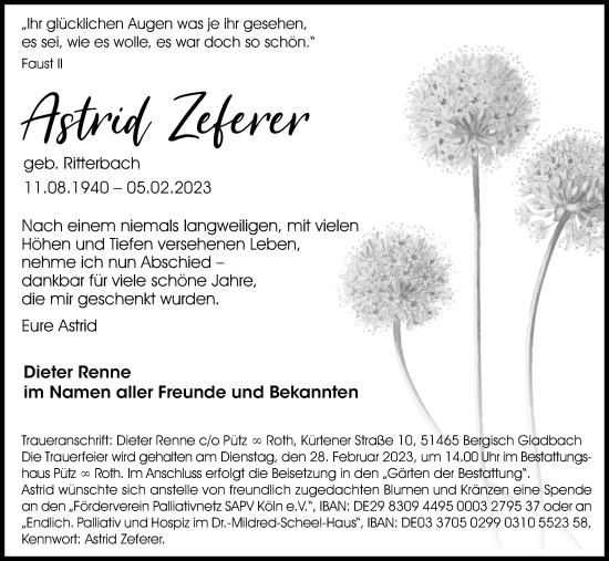 Anzeige von Astrid Zeferer von Kölner Stadt-Anzeiger / Kölnische Rundschau / Express
