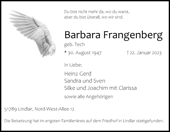 Anzeige von Barbara Frangenberg von Kölner Stadt-Anzeiger / Kölnische Rundschau / Express