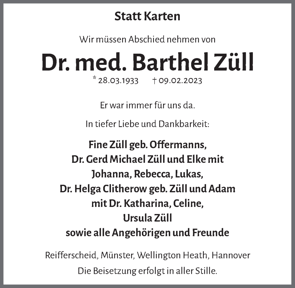  Traueranzeige für Barthel Züll vom 17.02.2023 aus  Schlossbote/Werbekurier 