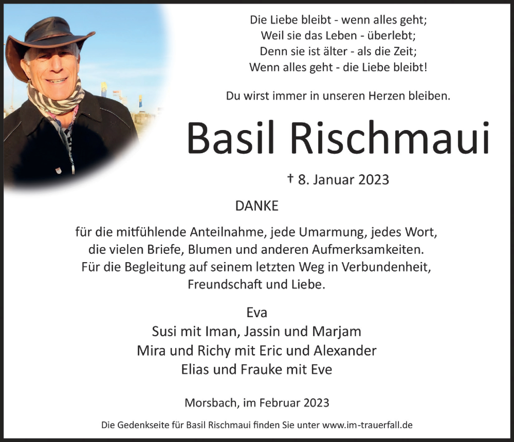  Traueranzeige für Basil Rischmaui vom 17.02.2023 aus  Lokalanzeiger 