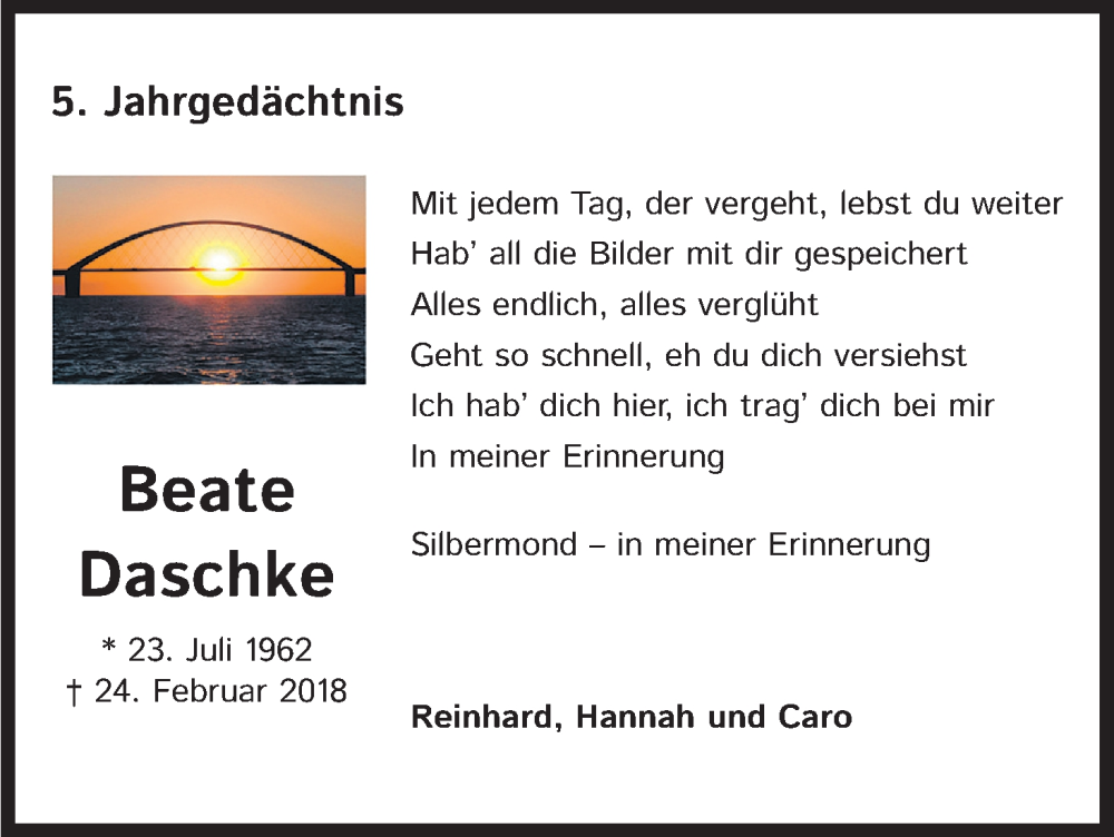  Traueranzeige für Beate Daschke vom 24.02.2023 aus Kölner Stadt-Anzeiger / Kölnische Rundschau / Express