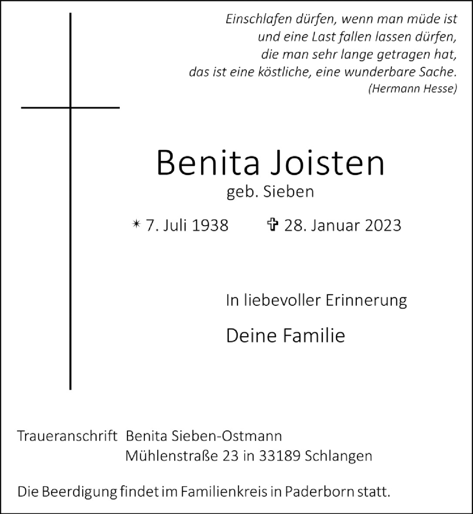  Traueranzeige für Benita Joisten vom 03.02.2023 aus  Schaufenster/Blickpunkt 