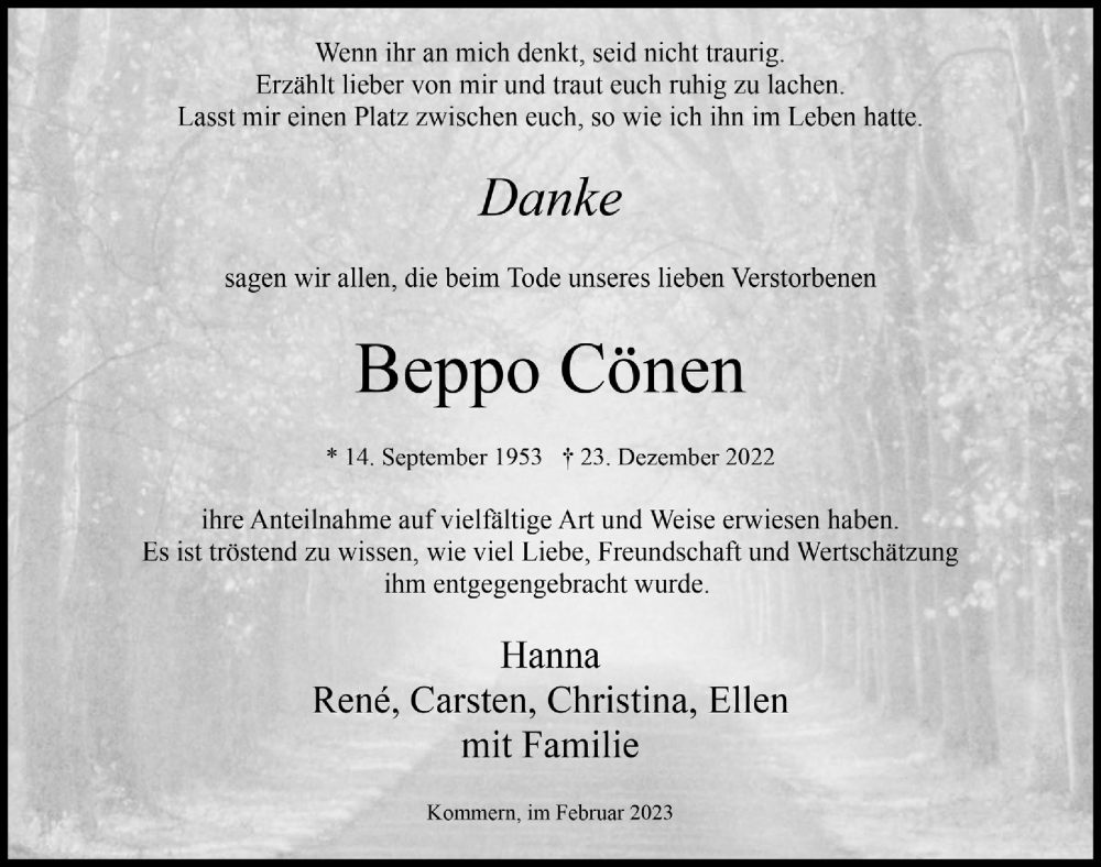  Traueranzeige für Beppo Cönen vom 04.02.2023 aus  Blickpunkt Euskirchen 