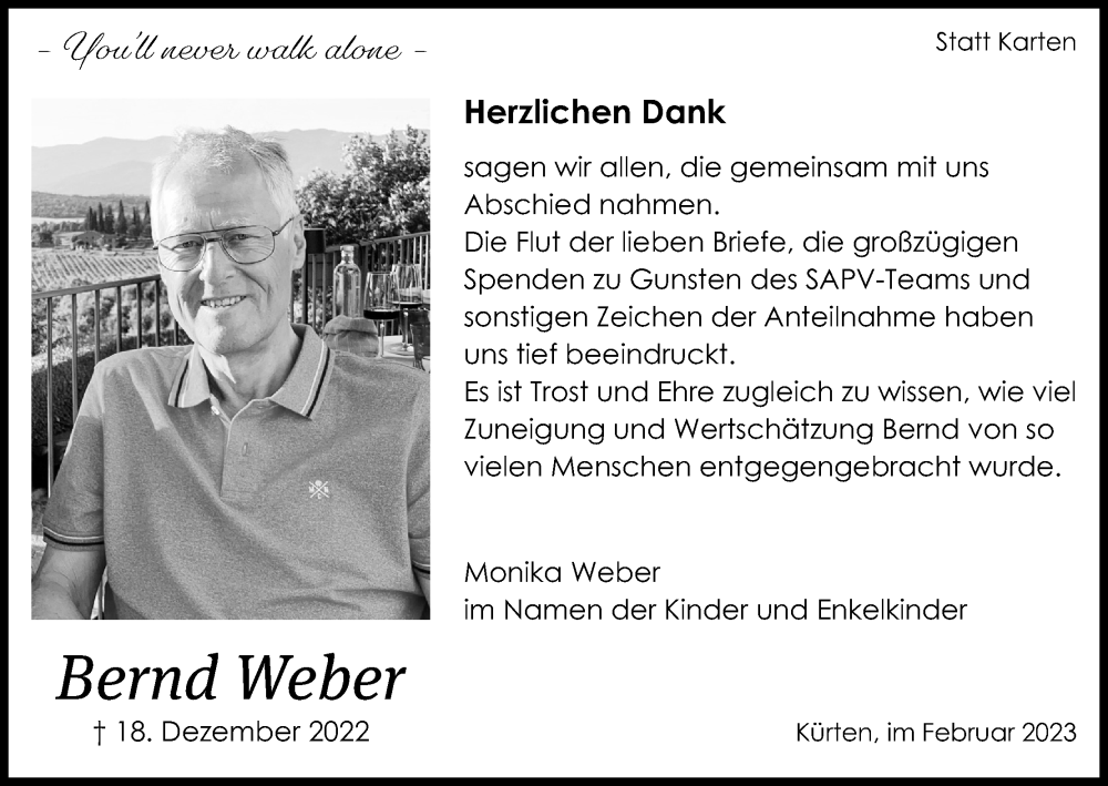  Traueranzeige für Bernd Weber vom 04.02.2023 aus Kölner Stadt-Anzeiger / Kölnische Rundschau / Express