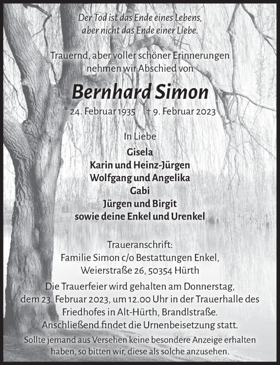 Anzeige von Bernhard Simon von  Wochenende 