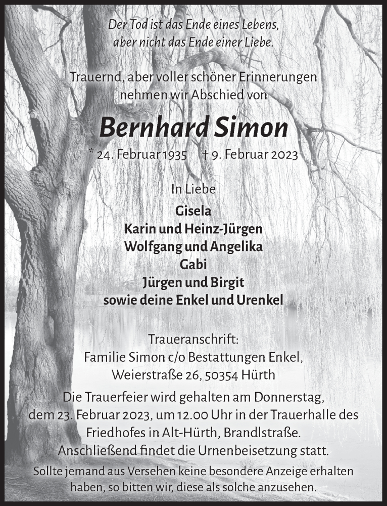  Traueranzeige für Bernhard Simon vom 17.02.2023 aus  Wochenende 
