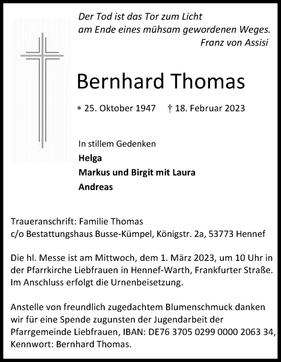 Anzeige von Bernhard Thomas von Kölner Stadt-Anzeiger / Kölnische Rundschau / Express