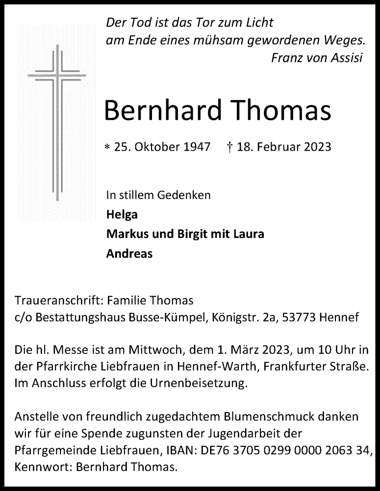  Traueranzeige für Bernhard Thomas vom 25.02.2023 aus Kölner Stadt-Anzeiger / Kölnische Rundschau / Express