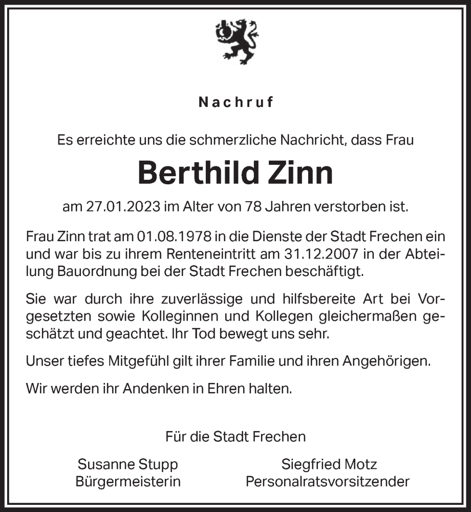  Traueranzeige für Berthild Zinn vom 10.02.2023 aus  Wochenende 